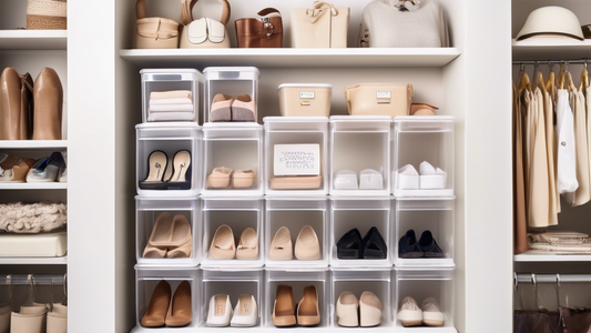 Create an image of a neatly organized closet shelf filled with clear storage containers of various sizes, showcasing a variety of items such as clothing, shoes, and accessories. The containers are labeled and arranged in a way that makes it easy to s