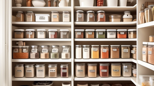 Create an image of a well-organized pantry with labeled storage containers, hanging racks for spices, a lazy Susan for easy access to condiments, and tiered shelves for maximizing space. Include items such as flour, sugar, pasta, cereal, and canned g