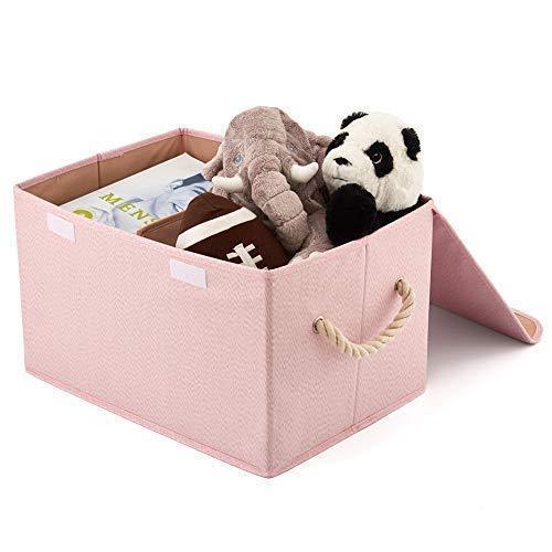 New ezoware large storage boxes 2 pack large linen fabric foldable storage cubes bin box containers with lid and handles for nursery children closet bedroom living room pink