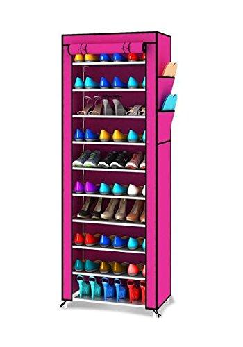 Pack Of 5 Tiers 10 Portable Shoes Rack with Dust Proof Cover Shelf Storage Closet Organizer Cabinet Shoe Racks, Pink (Pink)