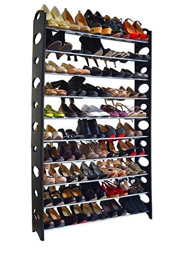 10 Tier Stainless Steel Shoe Rack / Shoe Storage Stackable Shelves, Holds 50 Pairs Of Shoes,60.62 X 38.19 X 7.48 ,Black & Silver
