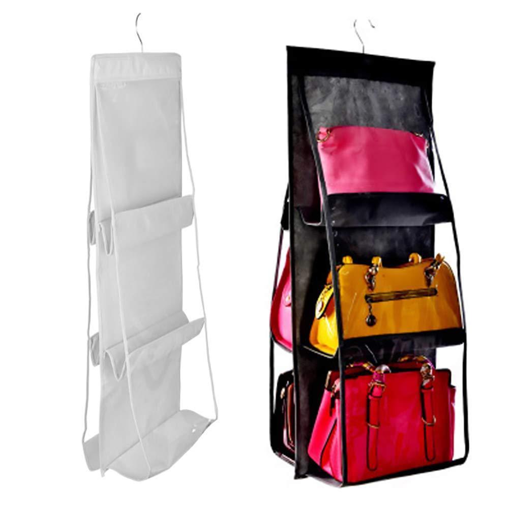 The best luck dawn hanging handbag purse organizer transparent dust proof wardrobe closet storage bag for clutch with 6 larger pockets black