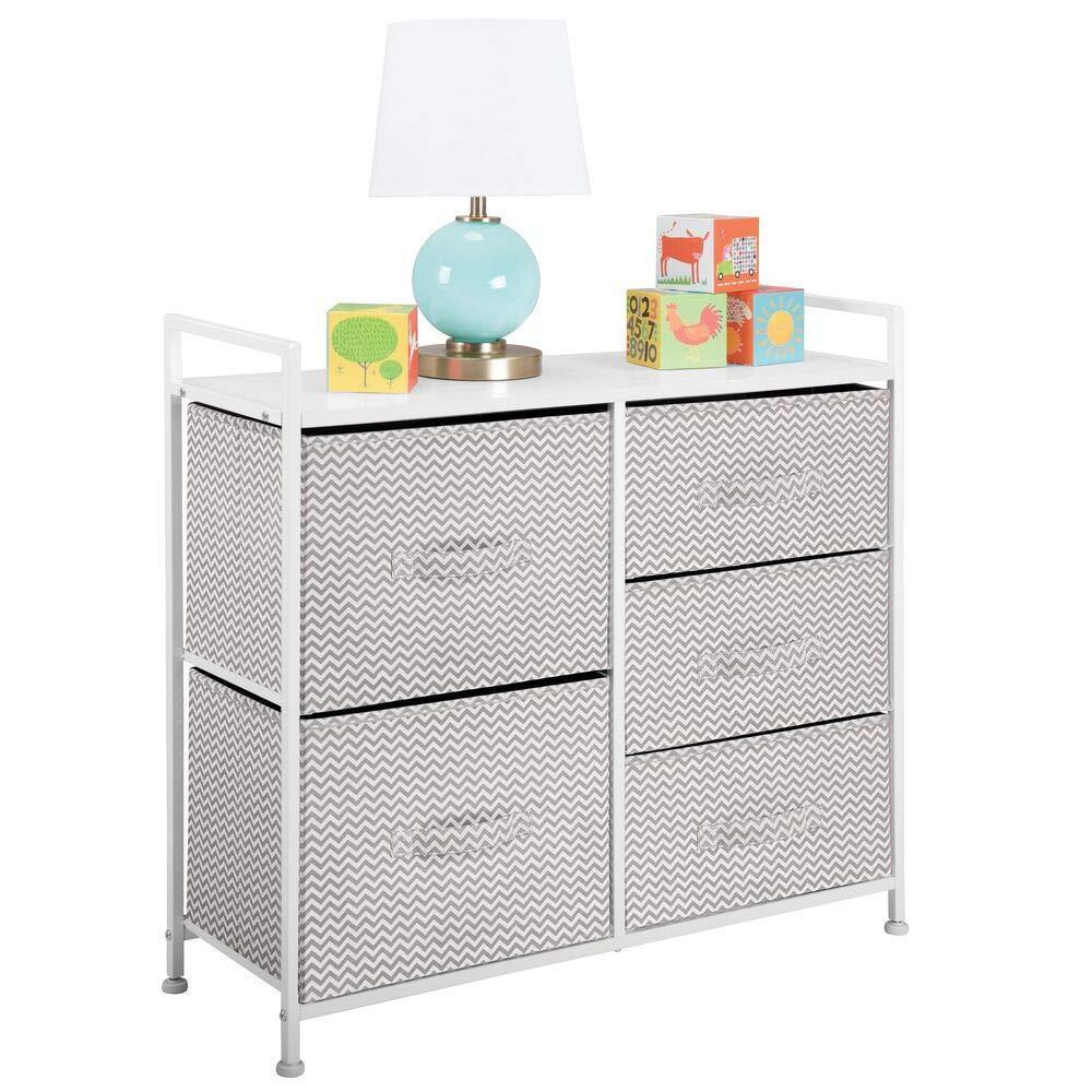 The best mdesign wide dresser storage tower sturdy steel frame wood top easy pull fabric bins organizer unit for bedroom hallway entryway closets chevron print 5 drawers taupe white