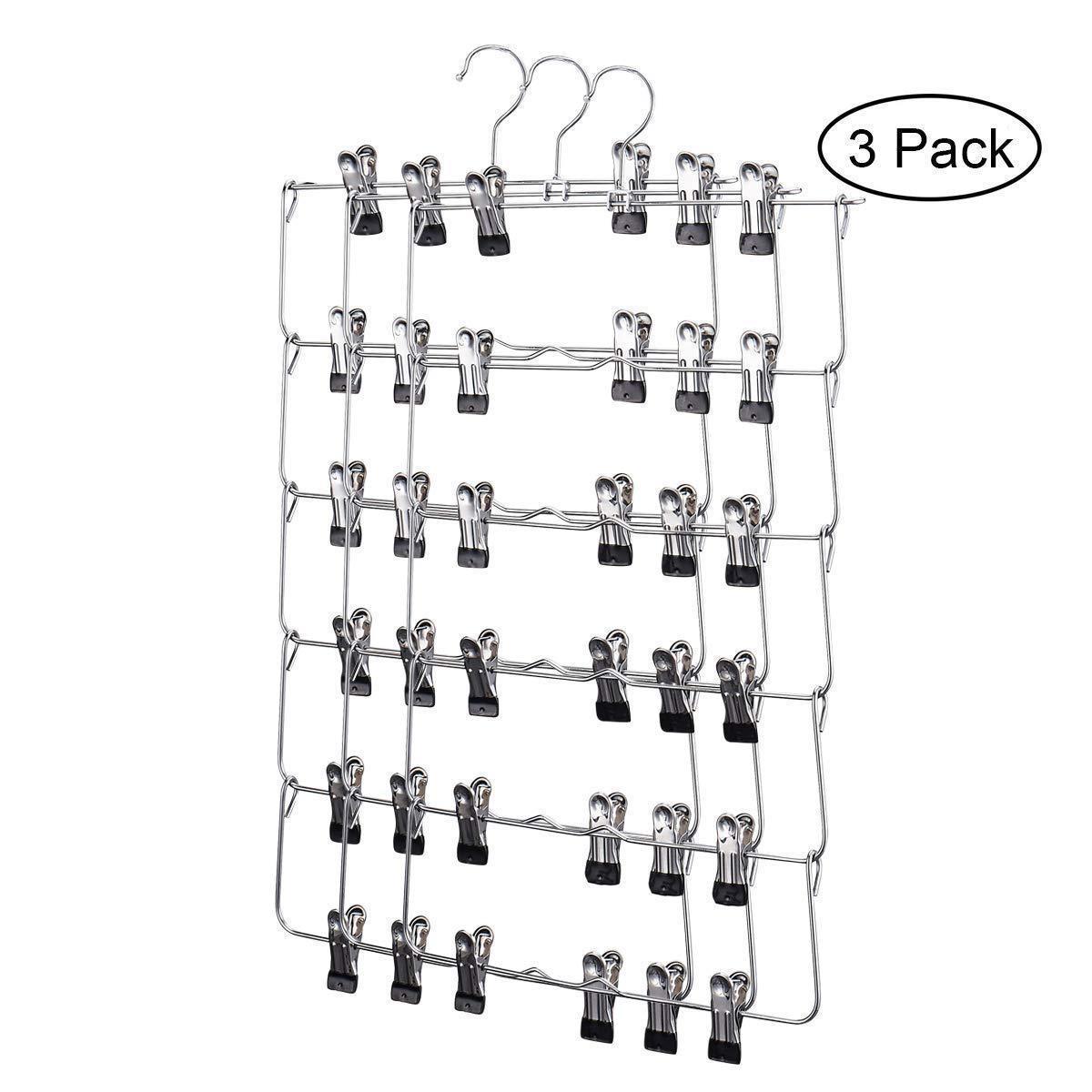 Home 6 tier skirt hangers star fly space saving pants hangers sturdy multi purpose stainless steel pants jeans slack skirt hangers with clips non slip closet storage organizer 3pcs