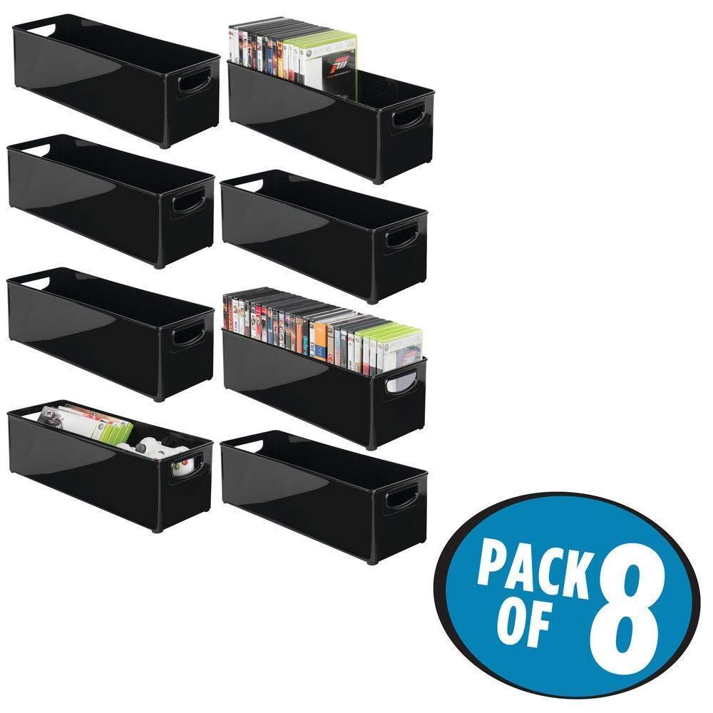Budget friendly mdesign plastic stackable household storage organizer container bin with handles for media consoles closets cabinets holds dvds video games gaming accessories head sets 8 pack black