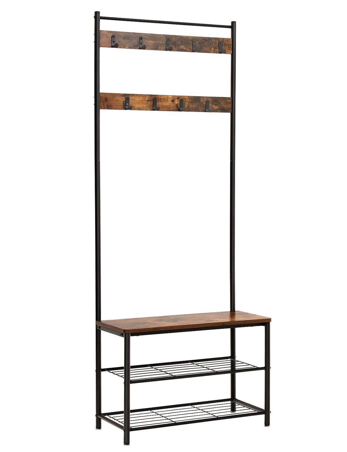 Industrial Coat Rack, Hall Tree Entryway Shoe Bench, Storage Shelf Organizer, Accent Furniture with Metal Frame UHSR41BX, Rustic Brown