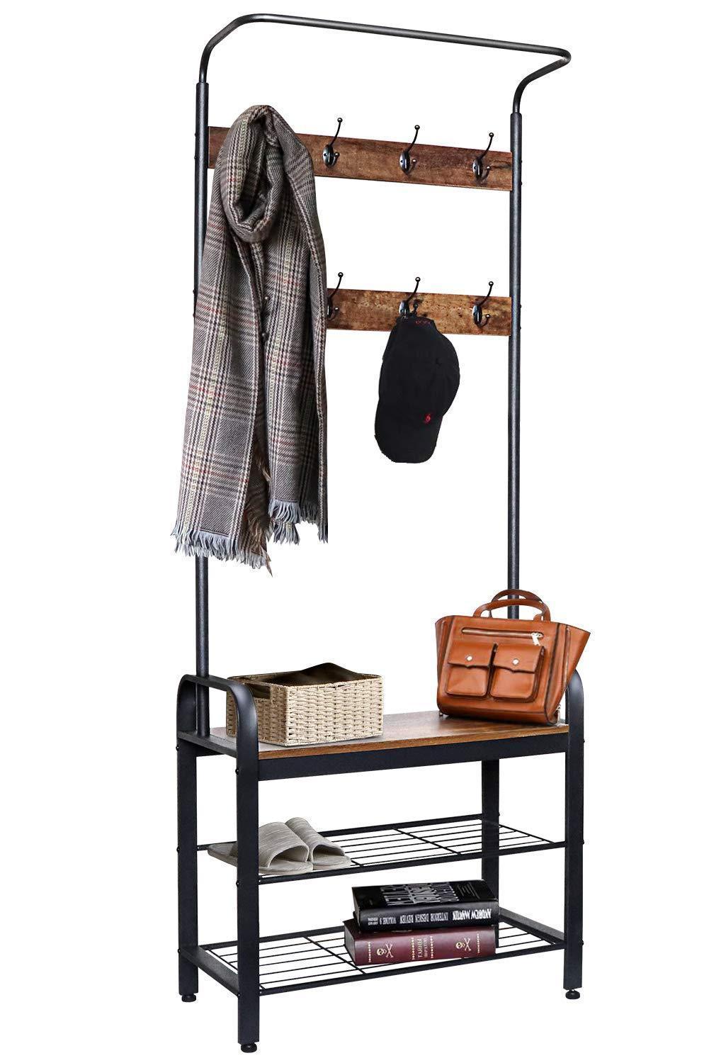 Entryway Hall Tree with Shoe Bench, Rustic Coat Rack Industrial Entryway Furniture Organizer with 8 Double Hooks and Storage Shelf for Hallway, Bedroom, Living Room, Easy Assembly