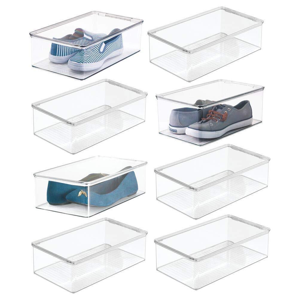 Budget mdesign stackable plastic closet shelf shoe storage organizer box with lid for mens womens kids sandals flats sneakers 8 pack clear