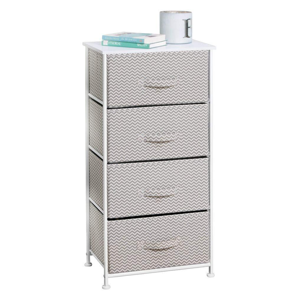 Products mdesign vertical furniture storage tower sturdy steel frame wood top easy pull fabric bins organizer unit for bedroom hallway entryway closets chevron zig zag print 4 drawers taupe