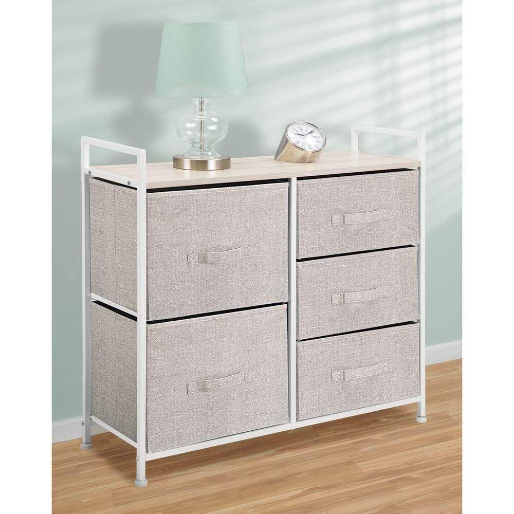 Buy mdesign wide dresser storage tower sturdy steel frame wood top easy pull fabric bins organizer unit for bedroom hallway entryway closets textured print 5 drawers linen tan