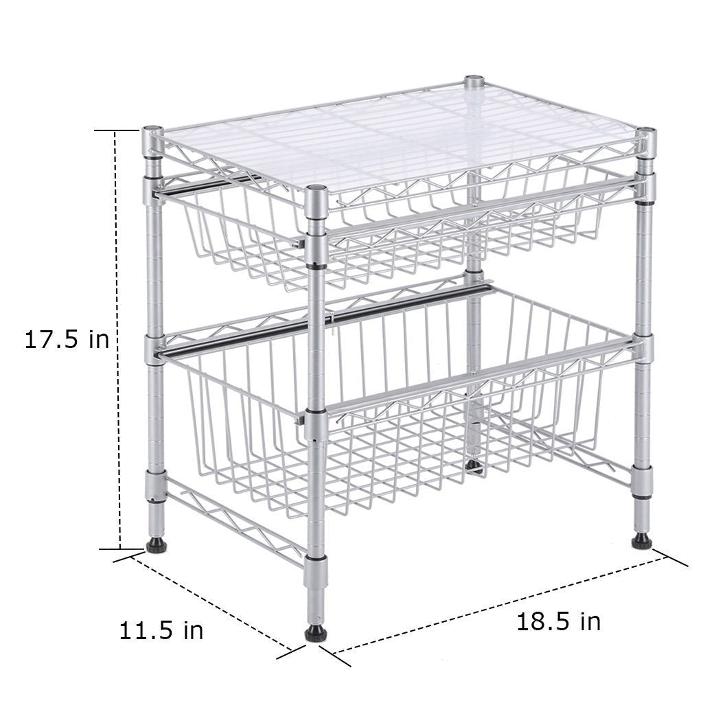 Explore rackaphile stackable 2 tier sliding basket organizer drawer under sink cabinet with adjustable leveling feet rack shelf for bathroom kitchen closet office desktop silver