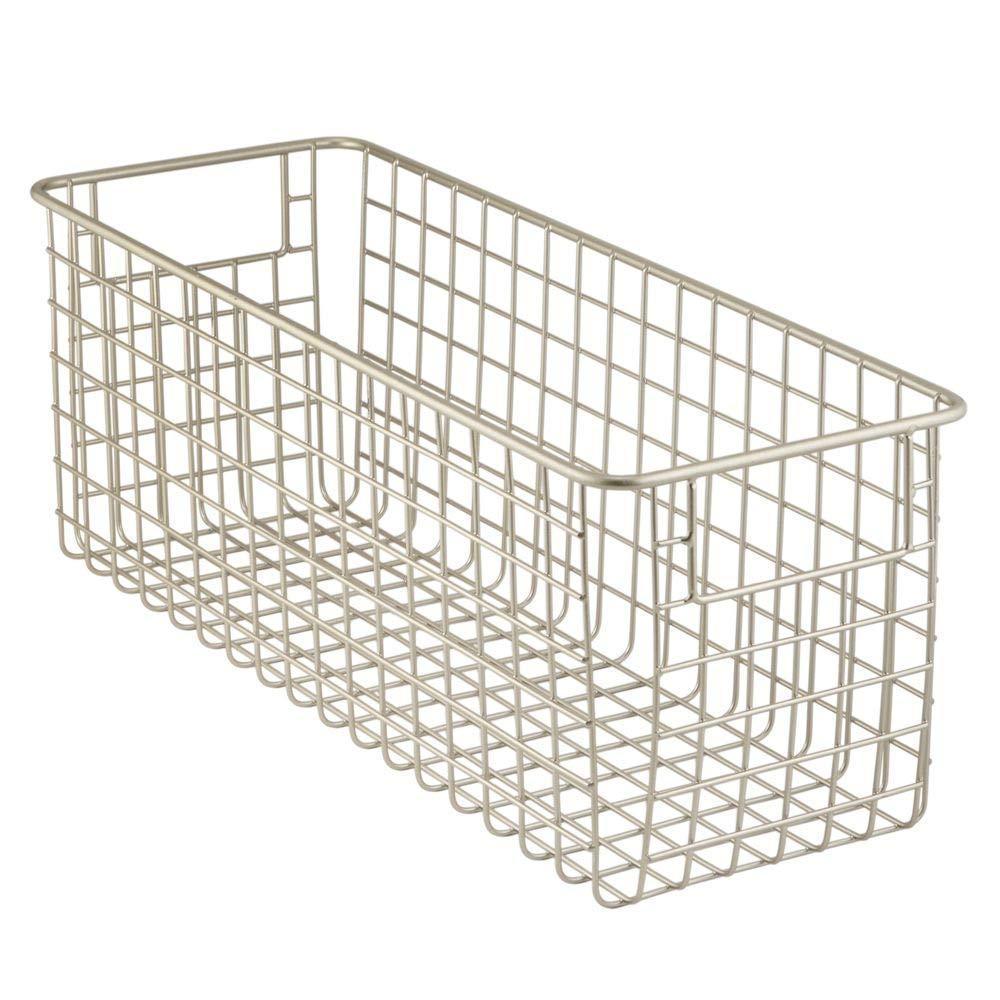 On amazon mdesign farmhouse decor metal wire food storage organizer bin basket with handles for kitchen cabinets pantry bathroom laundry room closets garage 16 x 6 x 6 4 pack satin