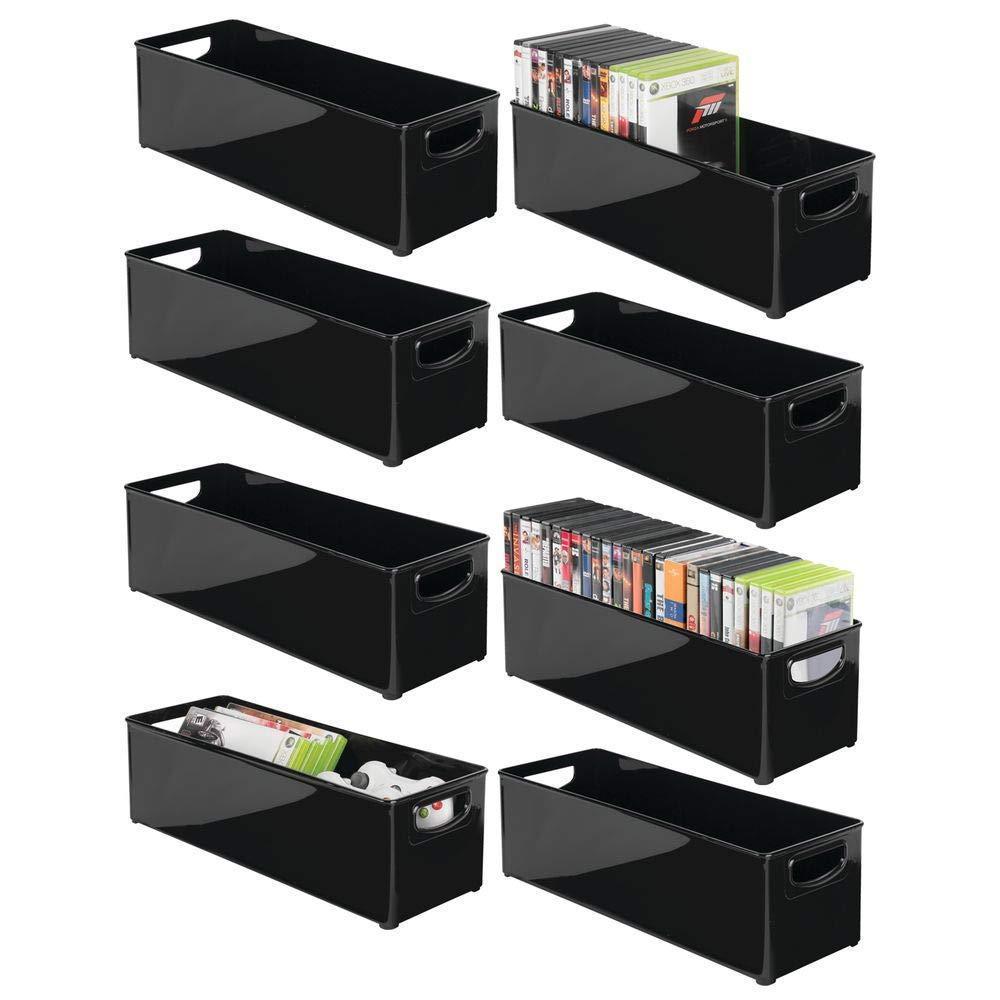 Amazon mdesign plastic stackable household storage organizer container bin with handles for media consoles closets cabinets holds dvds video games gaming accessories head sets 8 pack black