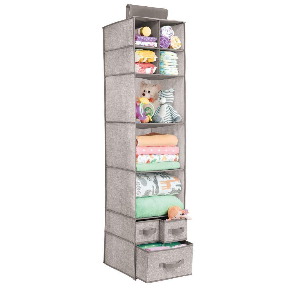 Discover the best mdesign soft fabric over closet rod hanging storage organizer with 7 shelves and 3 removable drawers for child kids room or nursery textured print 2 pack linen tan