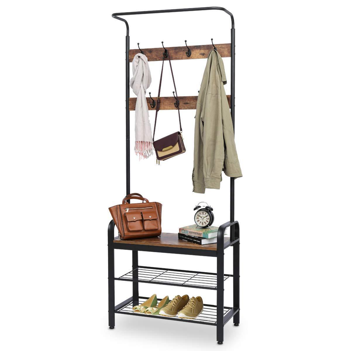 Industrial Coat Rack, Hall Tree Entryway Coat Shoe Rack 3-Tier Shoe Bench 7 Hooks, Wood Look Accent Furniture with Stable Metal Frame Easy Assembly