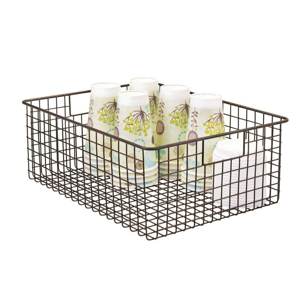 Buy mdesign farmhouse decor metal wire food organizer storage bin baskets with handles for kitchen cabinets pantry bathroom laundry room closets garage 2 pack bronze