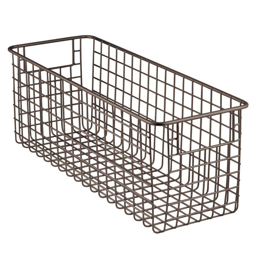 Get mdesign farmhouse decor metal wire food storage organizer bin basket with handles for kitchen cabinets pantry bathroom laundry room closets garage 16 x 6 x 6 8 pack bronze