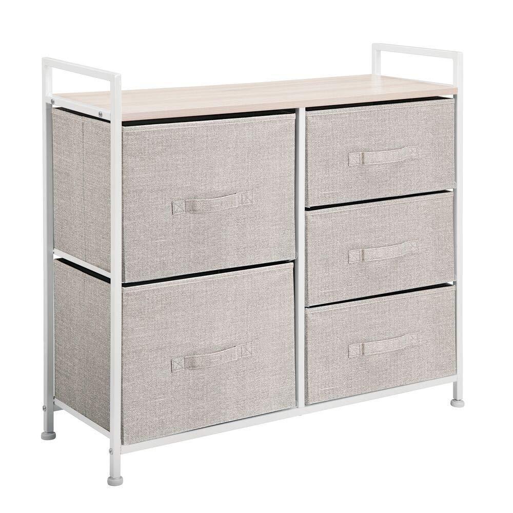 Buy now mdesign wide dresser storage tower sturdy steel frame wood top easy pull fabric bins organizer unit for bedroom hallway entryway closets textured print 5 drawers linen tan