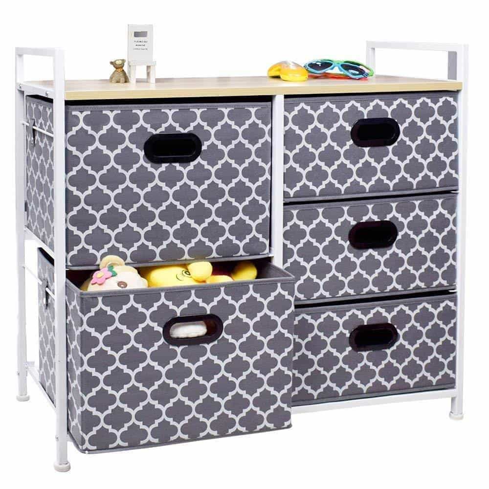 Amazon wide dresser storage tower 5 drawer chest sturdy steel frame wood top easy pull fabric bins organizer unit for bedroom playroom entryway closets lantern printing gray white