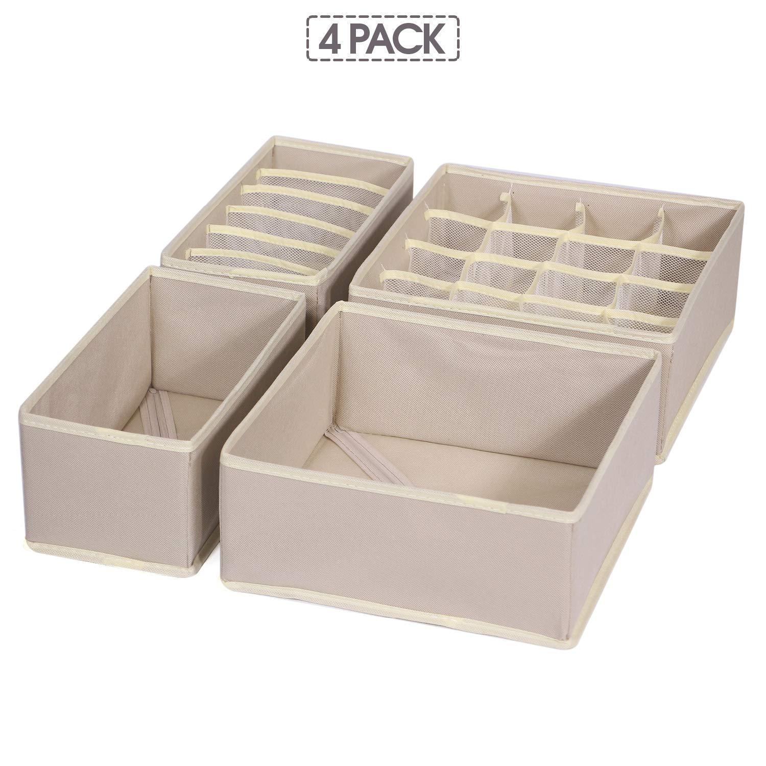 The best tenabort foldable drawer organizer dividers cloth storage box closet dresser organizer cube fabric containers basket bins for underwear bras socks panties lingeries nursery baby clothes beige 4 pack