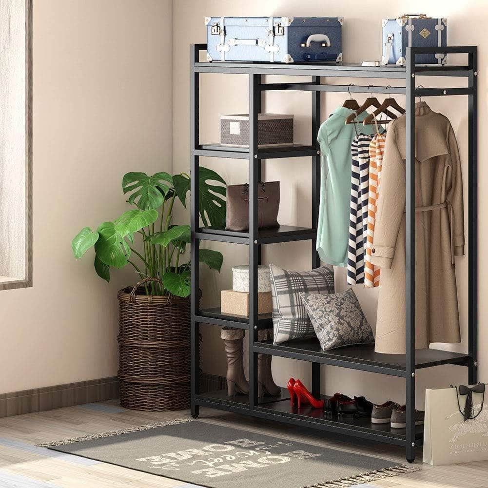Top rated little tree free standing closet organizer heavy duty closet storage with 6 shelves and handing bar large clothes storage standing garmen rack black