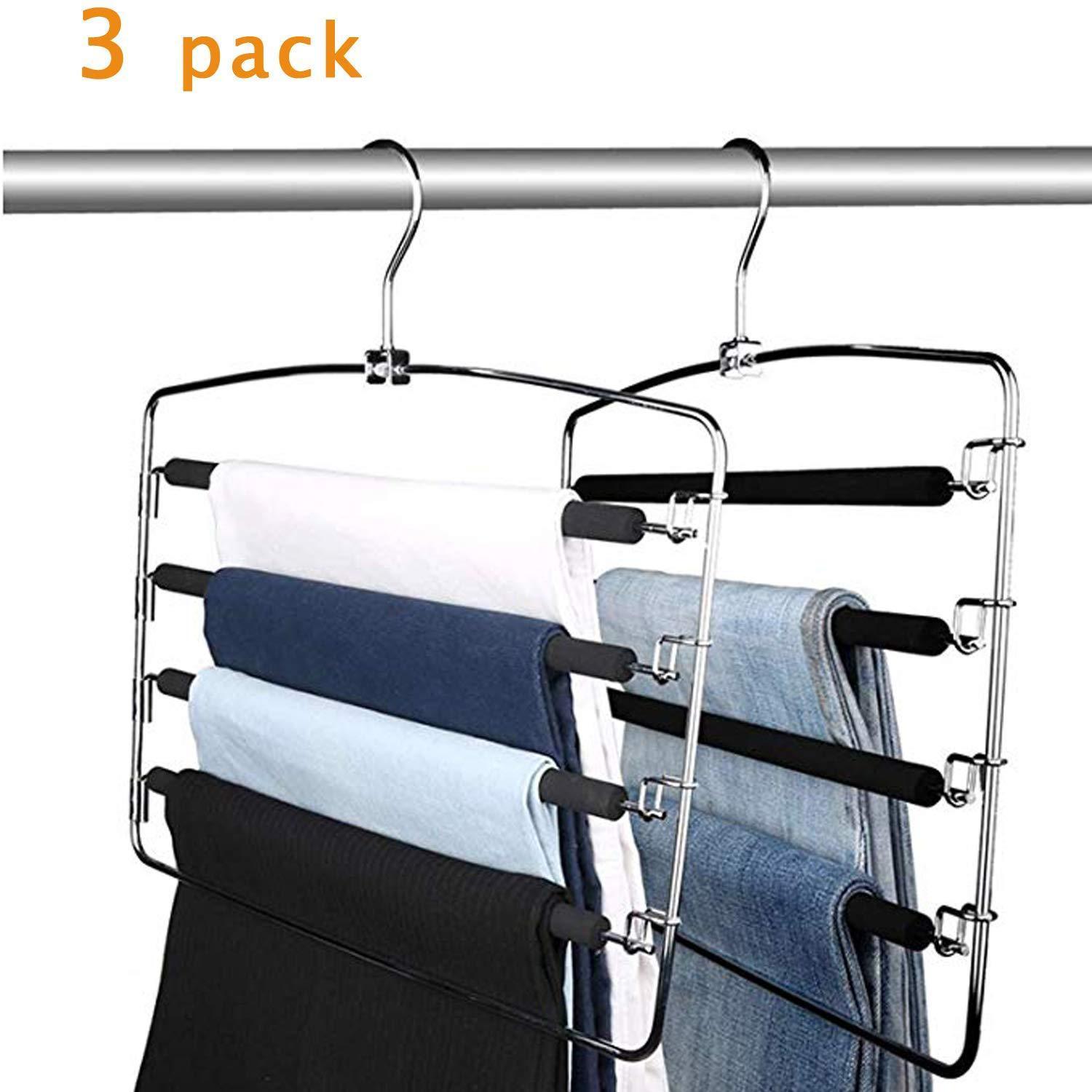 Cheap lucky life clothes pants hangers 3 pack pant slack hangers space saving non slip stainless steel closet organizer with foam padded swing arm for pants jeans scarf 1