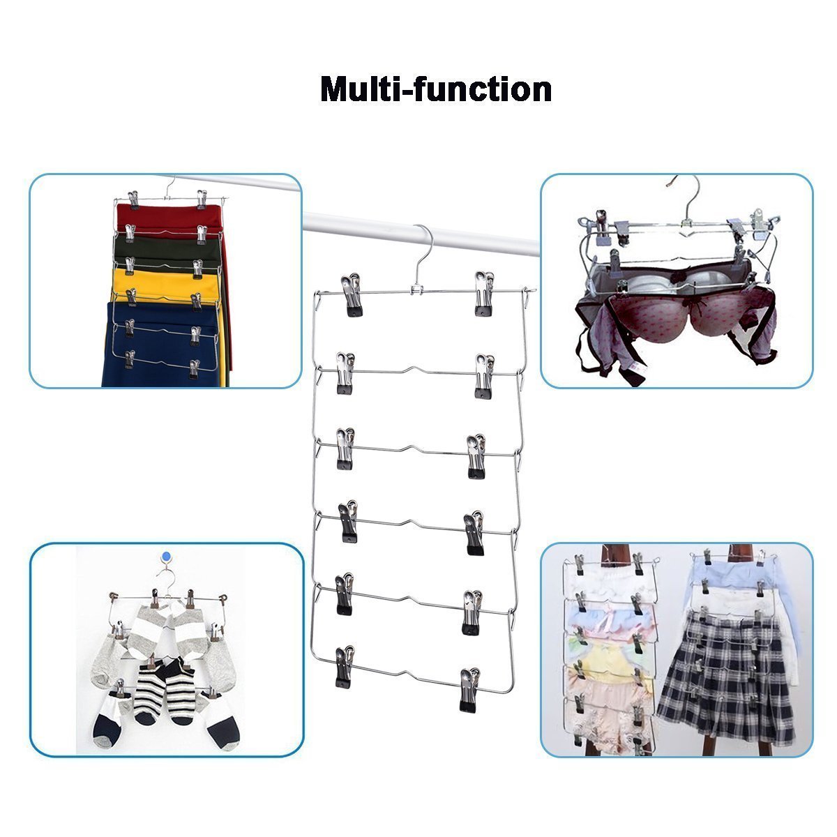 On amazon 6 tier skirt hangers star fly space saving pants hangers sturdy multi purpose stainless steel pants jeans slack skirt hangers with clips non slip closet storage organizer 3pcs