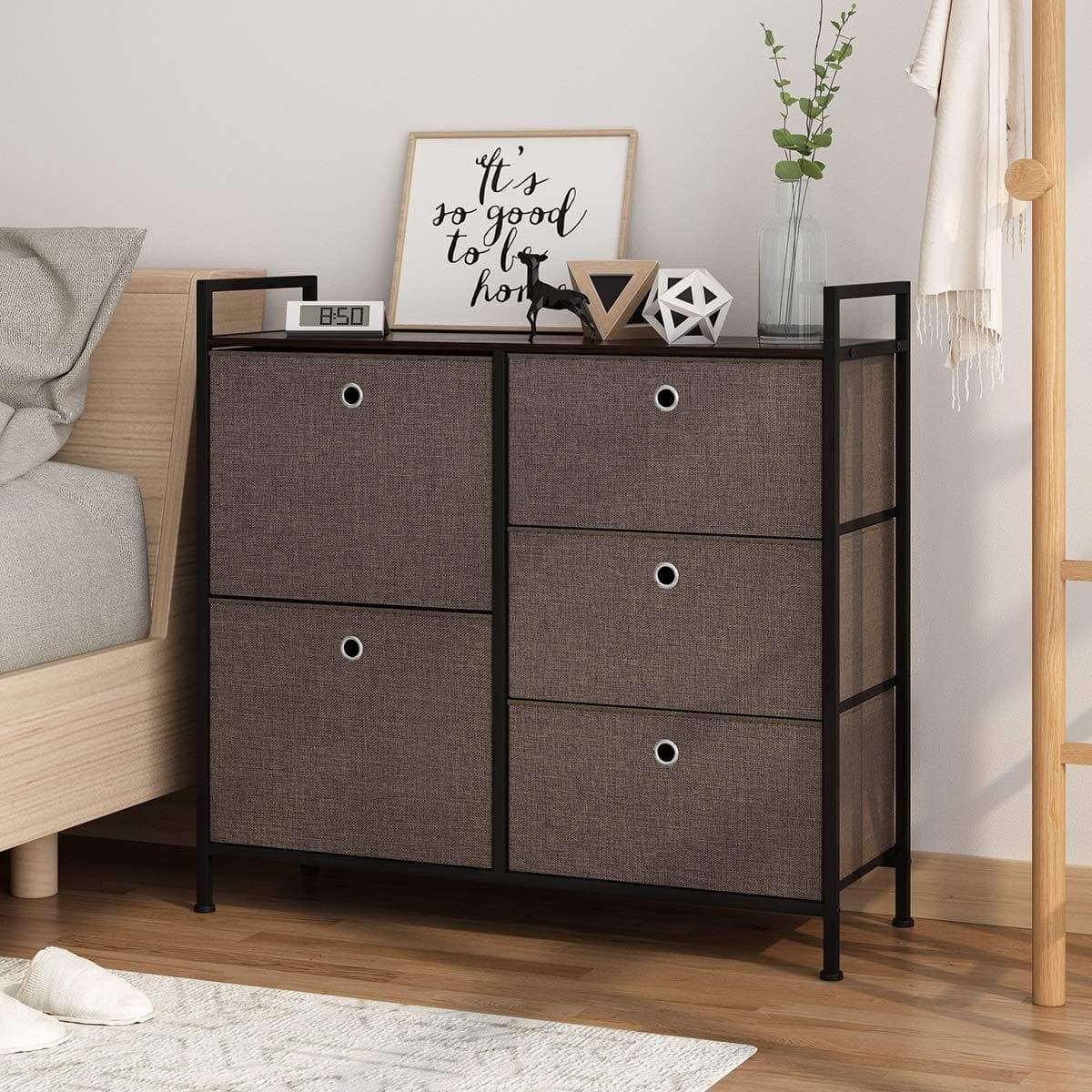 Organize with langria faux linen wide dresser storage tower with 5 easy pull drawer and handles sturdy metal frame and wooden table organizer unit for guest dorm room closet hallway office area dark brown