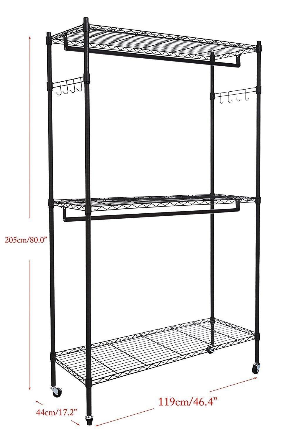 Great hindom free standing closet garment rack with wheels and side hooks 3 tiers large size heavy duty rolling clothes rack closet storage organizer us stock