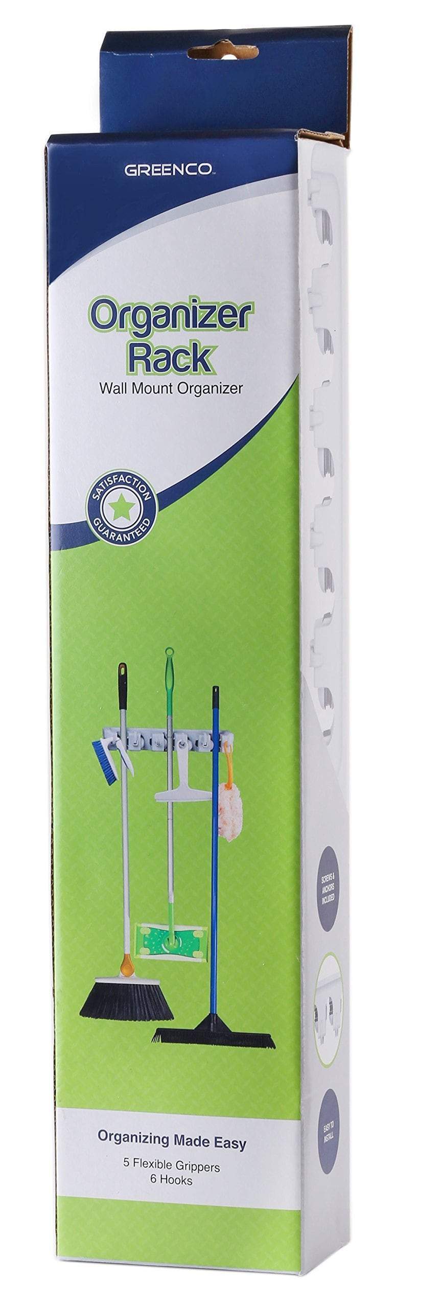 Organize with greenco mop and broom organiser wall and closet mount organizer rack holds brooms mops rakes garden equipment tools and more contains 5 non slip automatically adjustable holders and 6 hooks