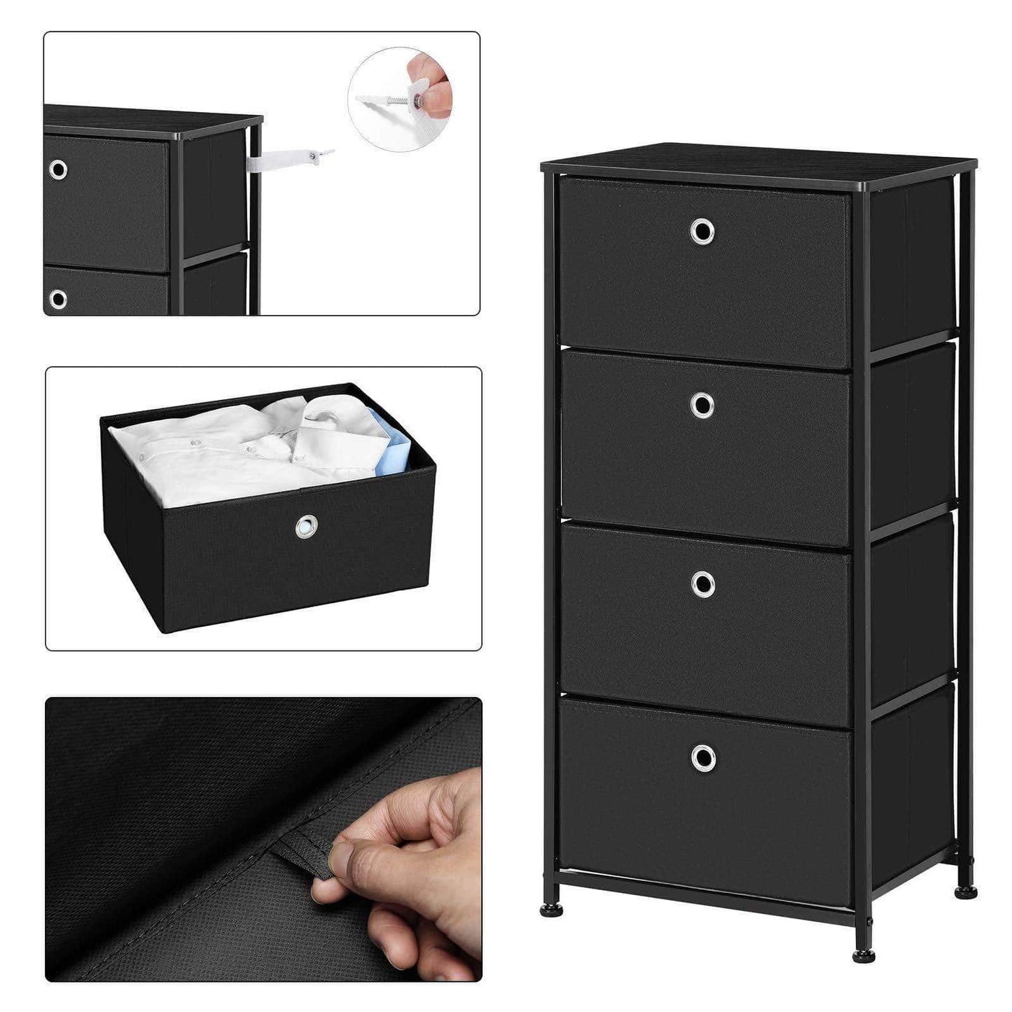 On amazon songmics 4 tier dresser drawer unit cabinet with 4 easy pull fabric drawers storage organizer with metal frame and wooden tabletop for living room closet hallway black ults04h