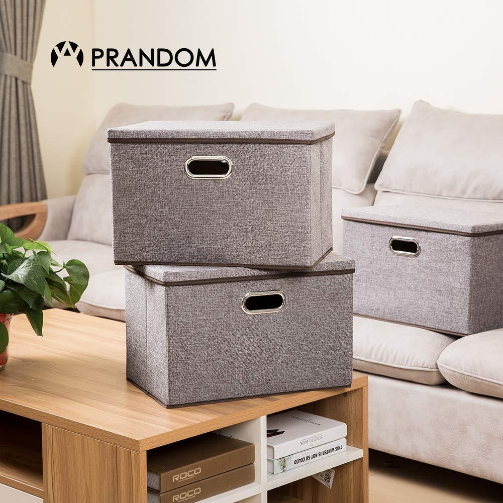 Storage prandom large collapsible storage bins with lids 3 pack linen fabric foldable storage boxes organizer containers baskets cube with cover for home bedroom closet office nursery 17 7x11 8x11 8