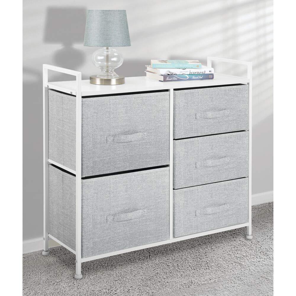Budget mdesign wide dresser storage tower sturdy steel frame wood top easy pull fabric bins organizer unit for bedroom hallway entryway closets textured print 5 drawers gray white