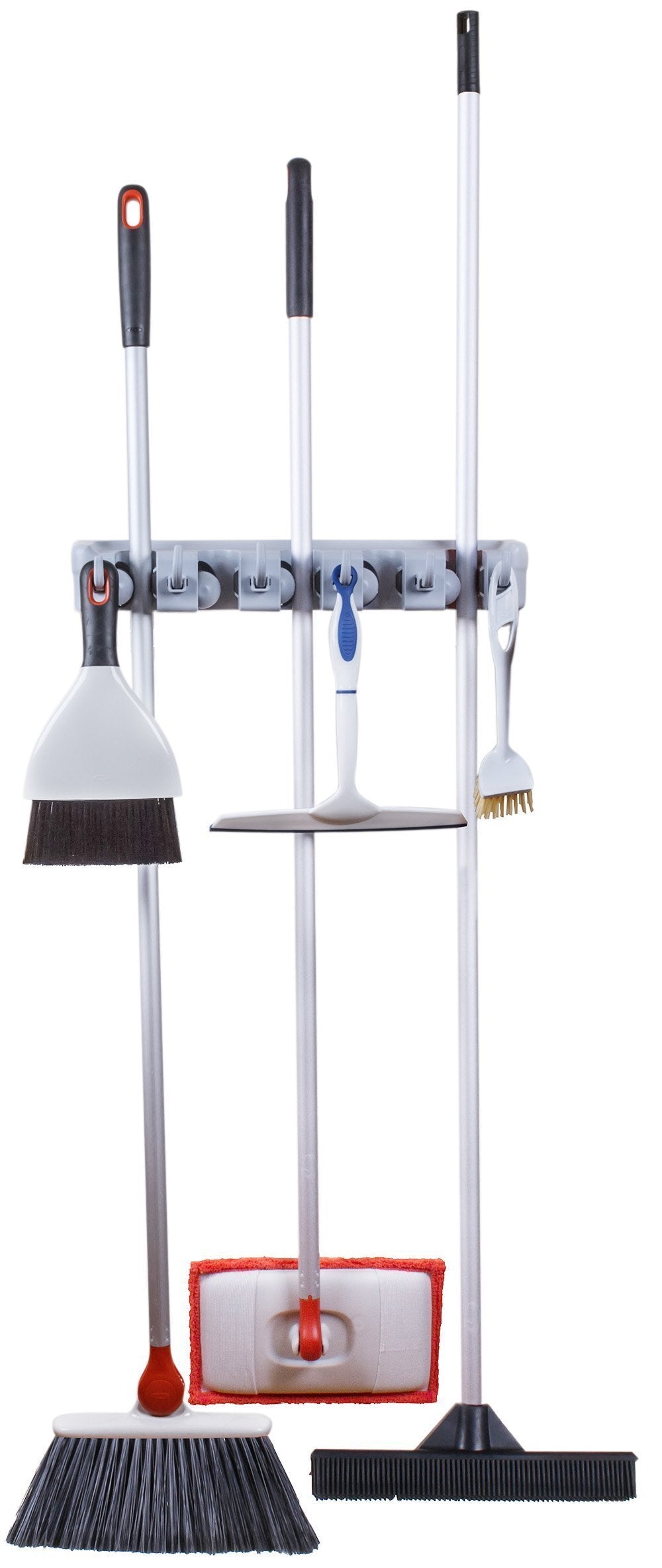 Products greenco mop and broom organiser wall and closet mount organizer rack holds brooms mops rakes garden equipment tools and more contains 5 non slip automatically adjustable holders and 6 hooks