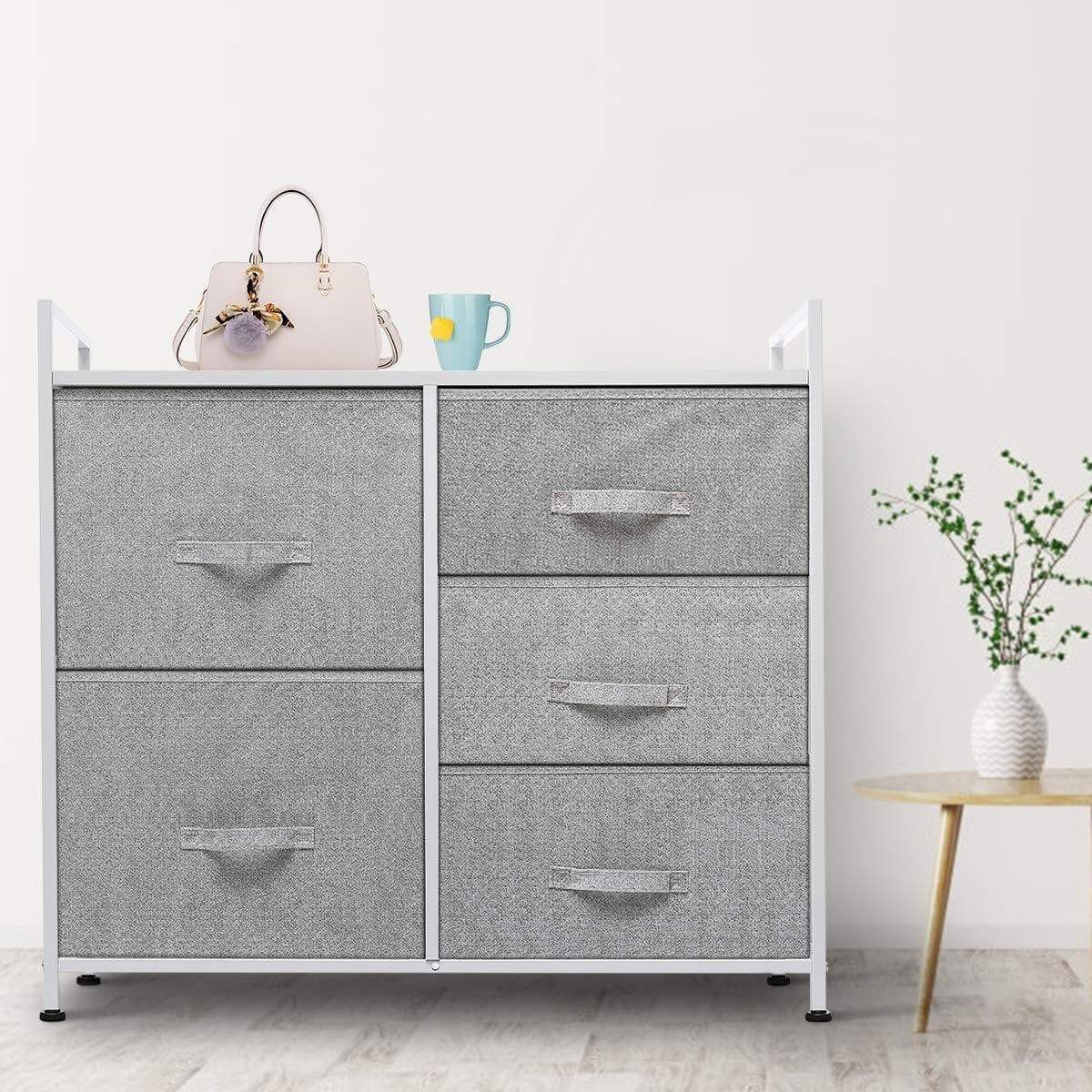 Top rated kingso fabric 5 drawer dresser storage tower organizer unit with sturdy steel frame and easy pull faux linen drawers for bedroom living room guest room dorm closet grey