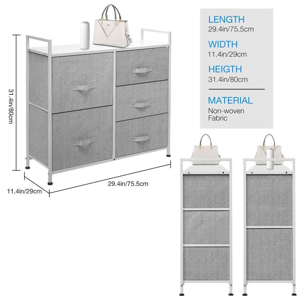 Amazon best kingso fabric 5 drawer dresser storage tower organizer unit with sturdy steel frame and easy pull faux linen drawers for bedroom living room guest room dorm closet grey