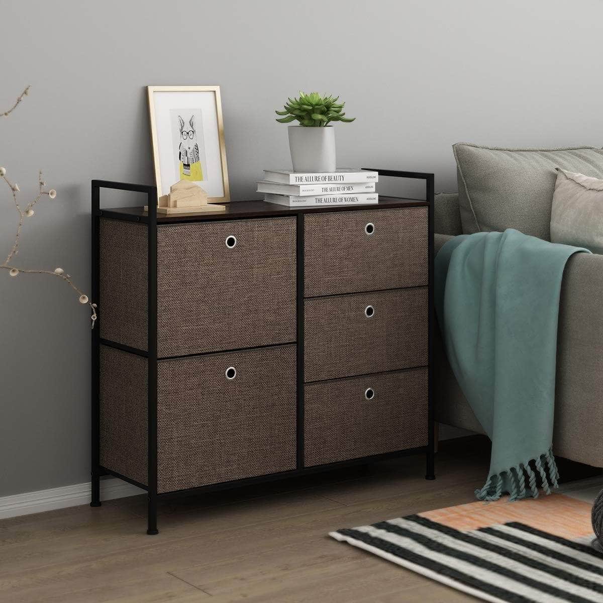 Products langria faux linen wide dresser storage tower with 5 easy pull drawer and handles sturdy metal frame and wooden table organizer unit for guest dorm room closet hallway office area dark brown