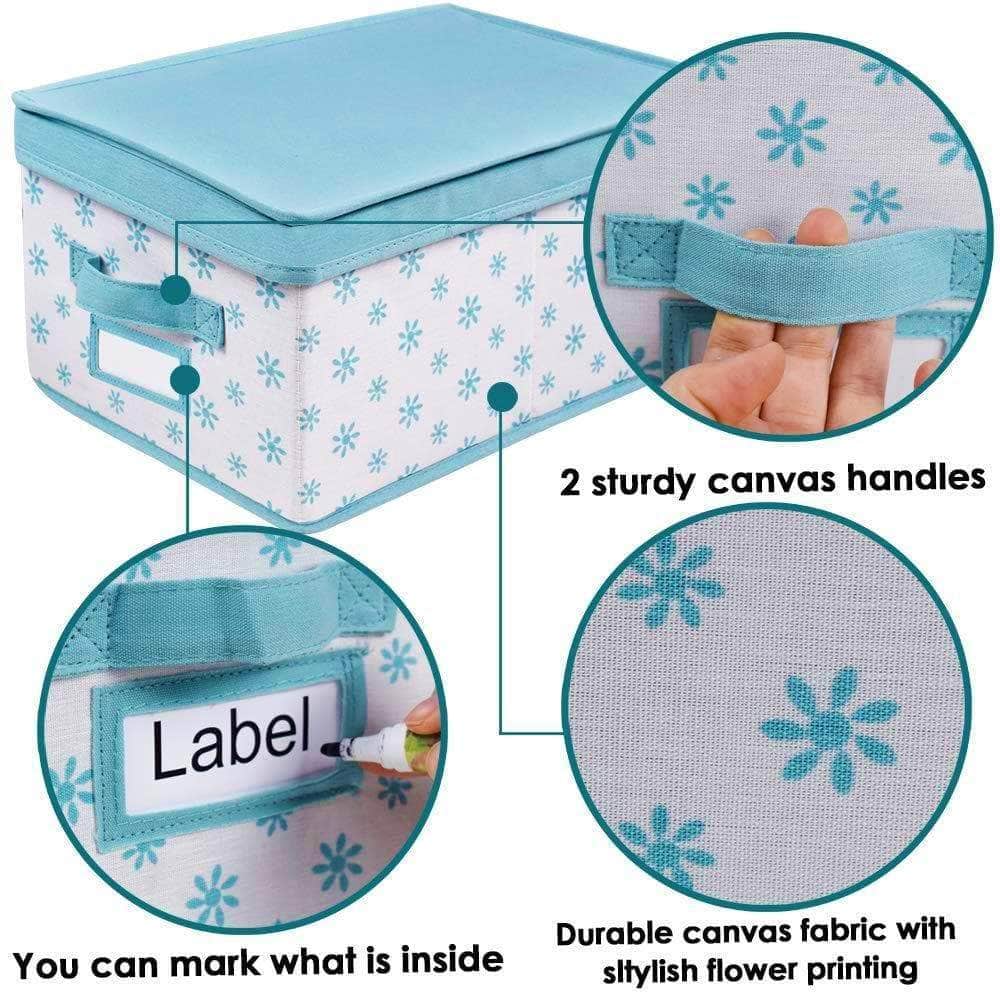 New homyfort foldable storage box bins with lid sturdy canvas drawer dresser organizer for closet clothes bras ties set of 2 white canvas with blue flowers
