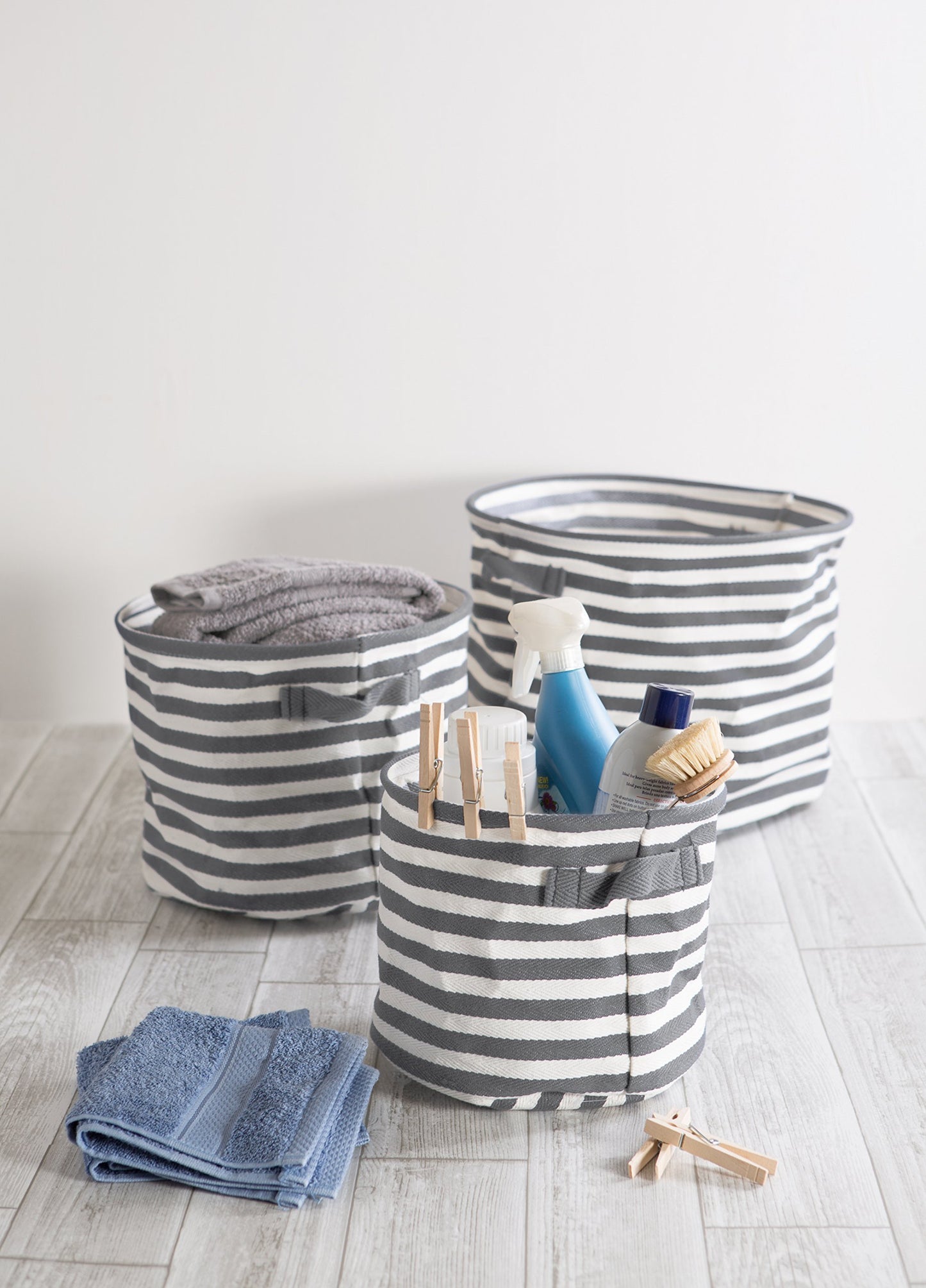 Shop here dii fabric round room nurseries closets everyday storage needs asst set of 3 gray stripe laundry bin assorted sizes