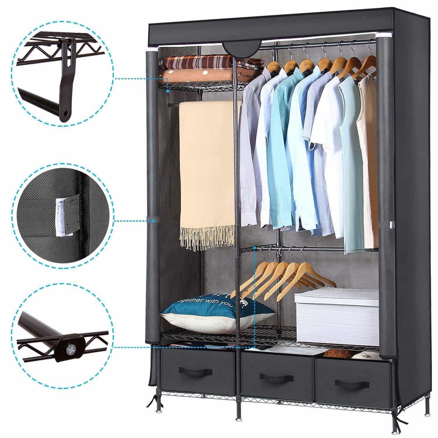 Organize with lifewit full metal closet organizer wardrobe closet portable closet shelves with adjustable legs non woven fabric clothes cover and 3 drawers sturdy and durable
