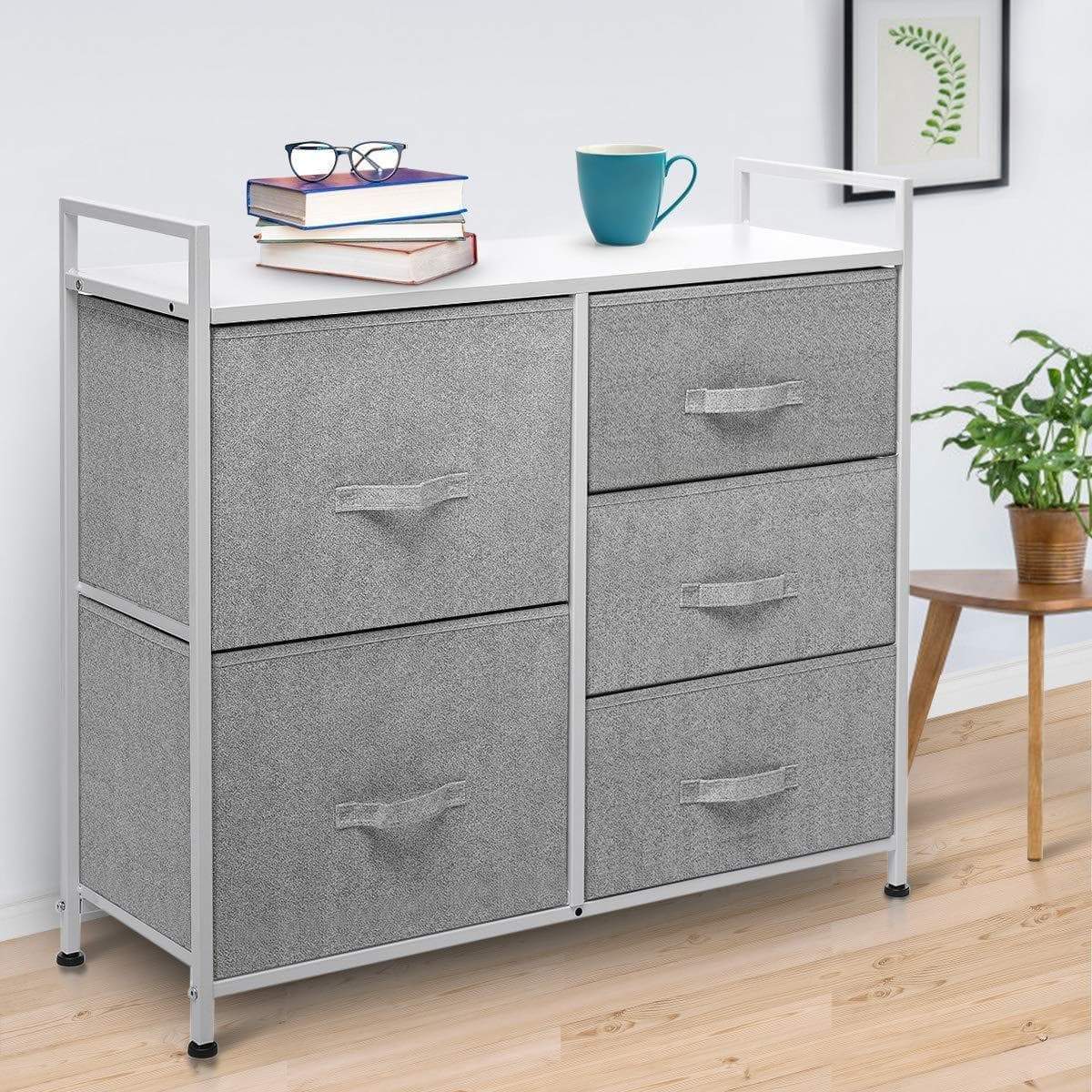 Best seller  kingso fabric 5 drawer dresser storage tower organizer unit with sturdy steel frame and easy pull faux linen drawers for bedroom living room guest room dorm closet grey