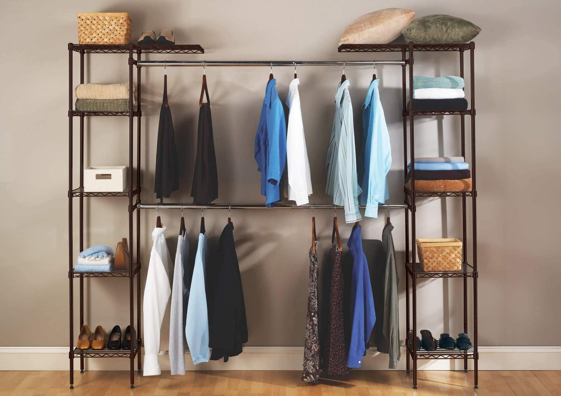 Try seville classics double rod expandable clothes rack closet organizer system 58 to 83 w x 14 d x 72 satin bronze