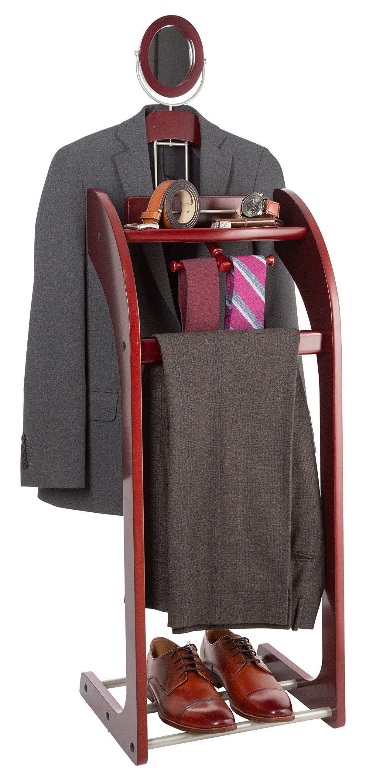 Clothes Valet Stand with Mirror - Beautiful Solid Mahogany Hardwood Wardrobe Valet Stand for Clothes with Trouser Bar, Jacket Hanger, Tray Organizer, Tie & Belt Hook and Shoe Rack