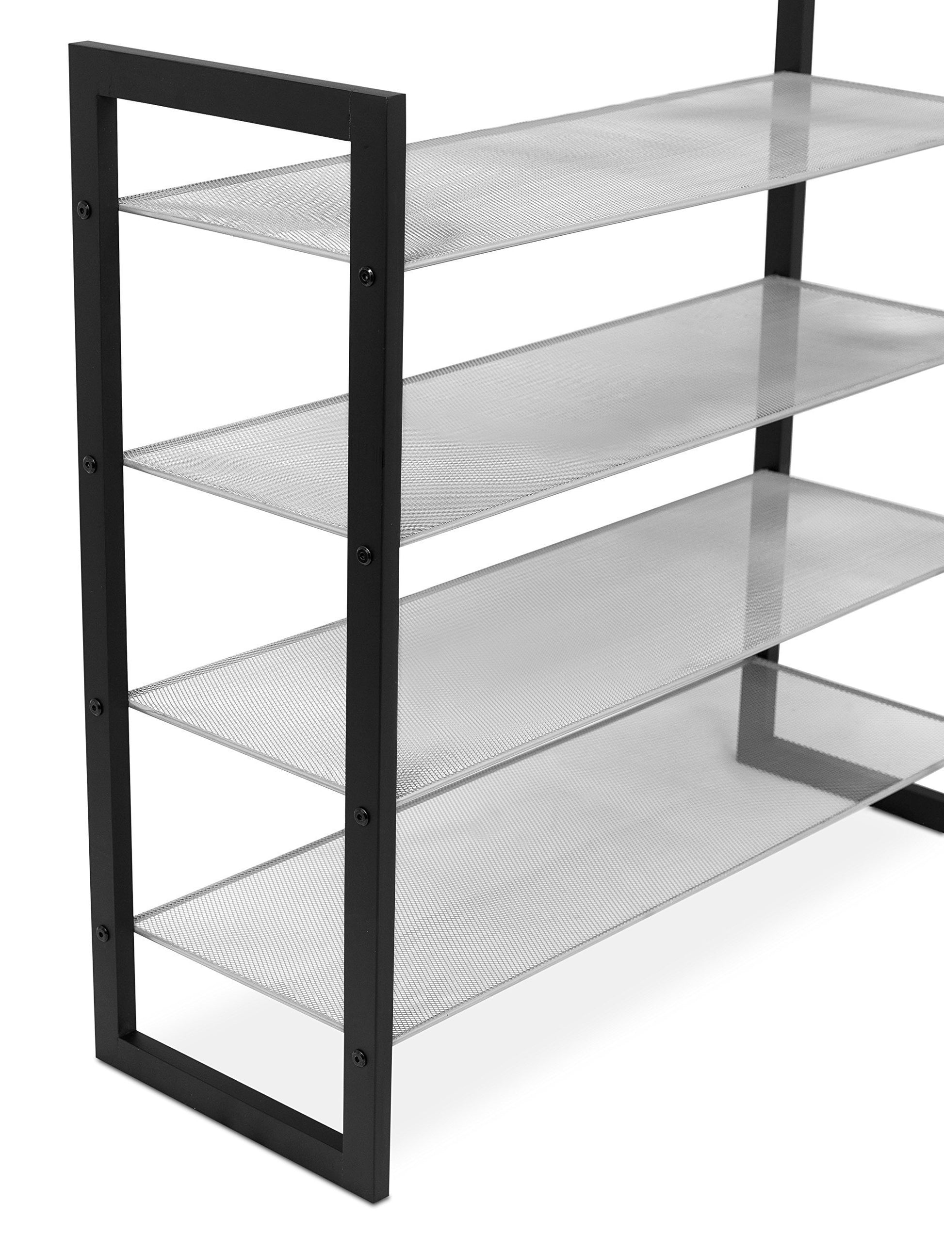 Shop internets best mesh shoe rack 4 tier free standing metal wood shoe organizer closet and entryway fits 16 pairs of shoes black silver