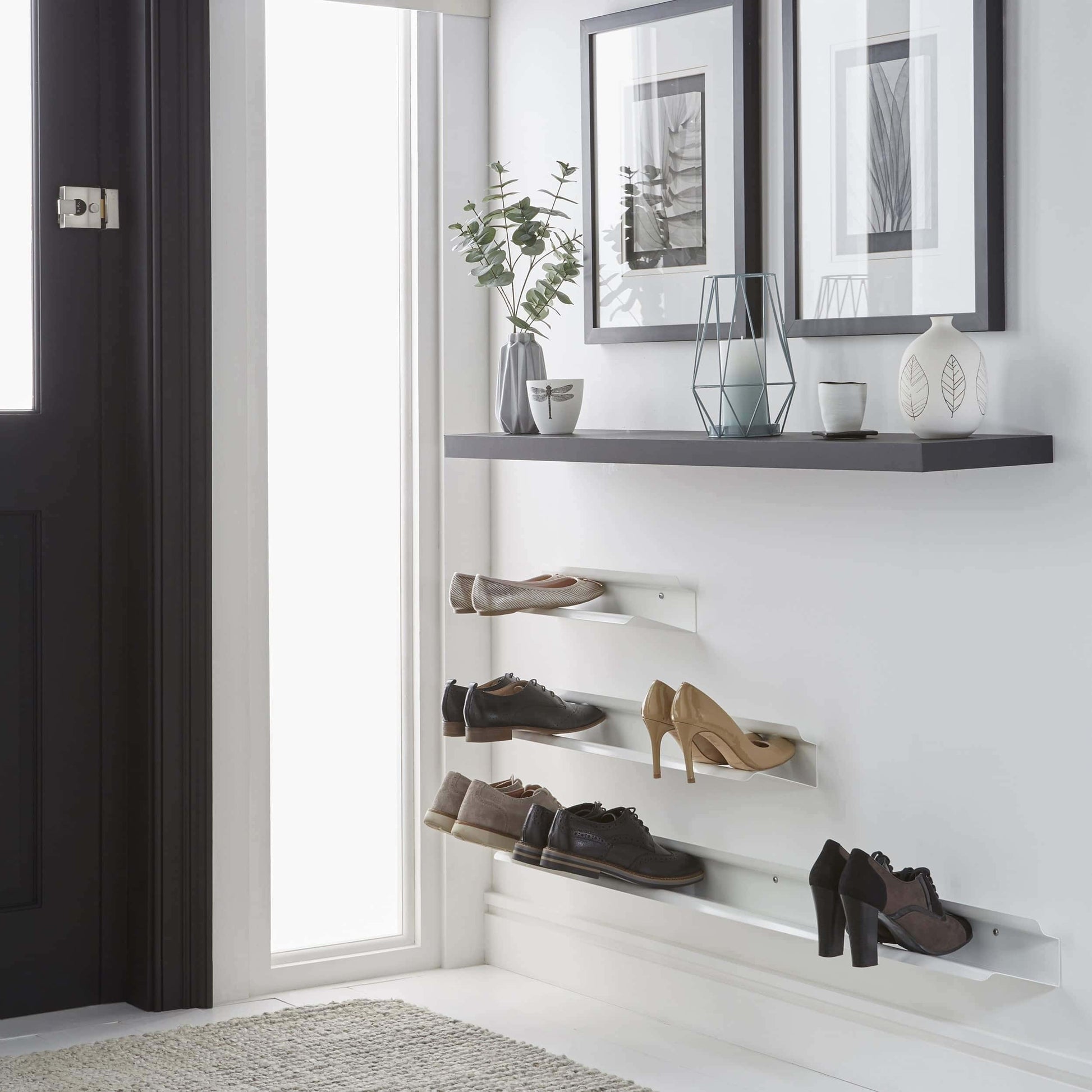 Shop for j me horizontal shoe rack wall mounted shoe organizer keeps heels boots sneakers and sandals off the floor a great shoe storage solution for your entryway or closet white 48 inches