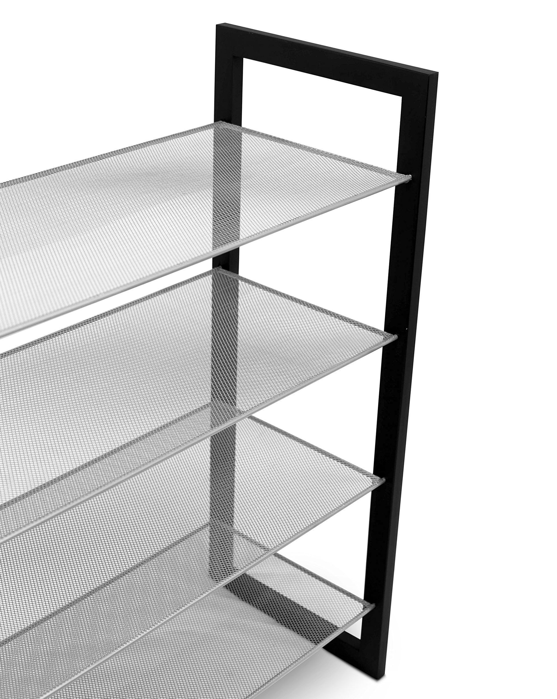 Selection internets best mesh shoe rack 4 tier free standing metal wood shoe organizer closet and entryway fits 16 pairs of shoes black silver