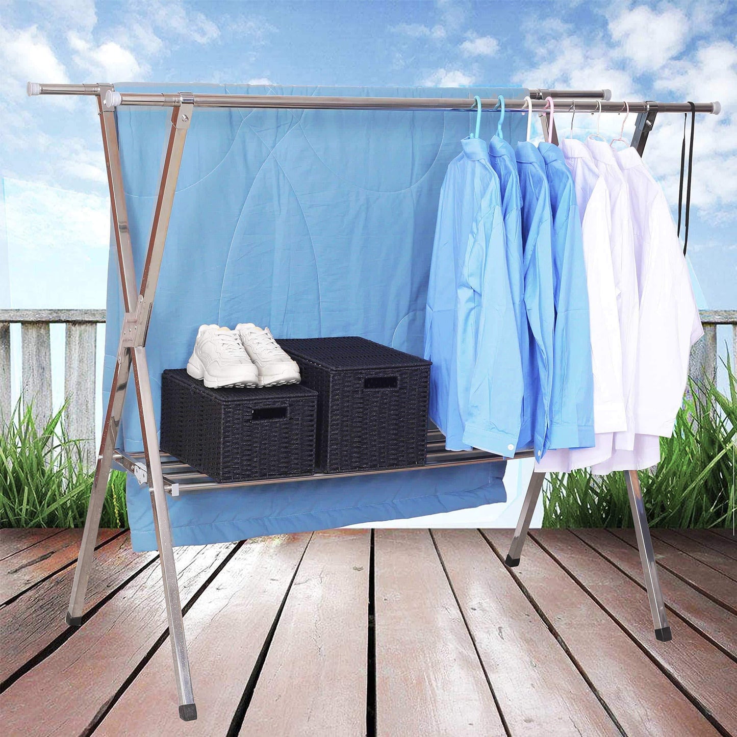 Heavy duty Large Stainless Steel Clothes Drying Rack Foldable Space Saving Retractable Rack Hanger From 55.2 to 78.8 inches w/Shoe Rack