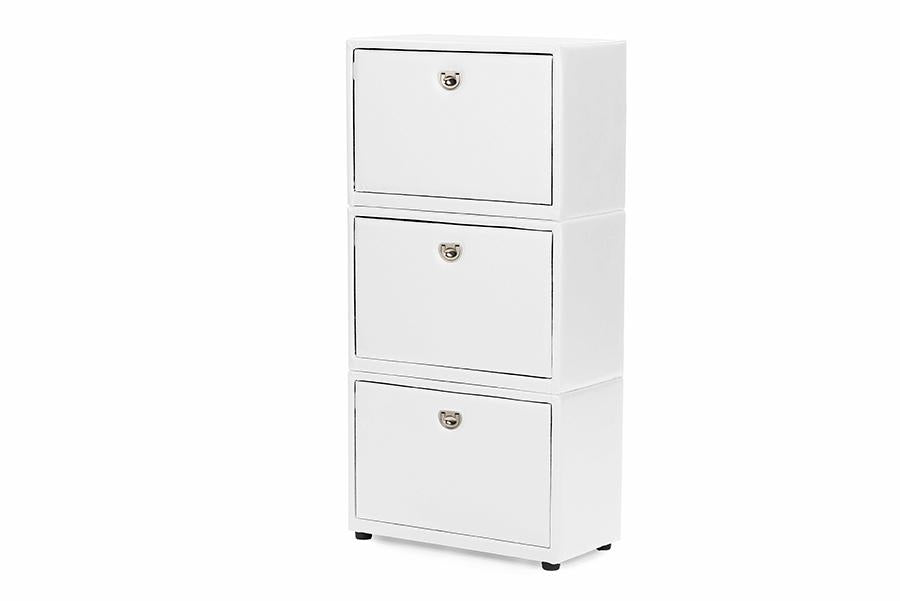 Studio Petito Contemporary 3-Tier White Faux Leather Upholstered Shoe Cabinet