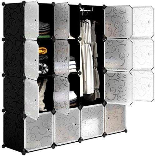 16-Cube DIY Wardrobe Portable Cupboard Cabinet, Organiser Storage System with Doors, Hanging Rod, Strong Construction for Clothes, Shoes, Accessories, Curly Floral Print, Black and White