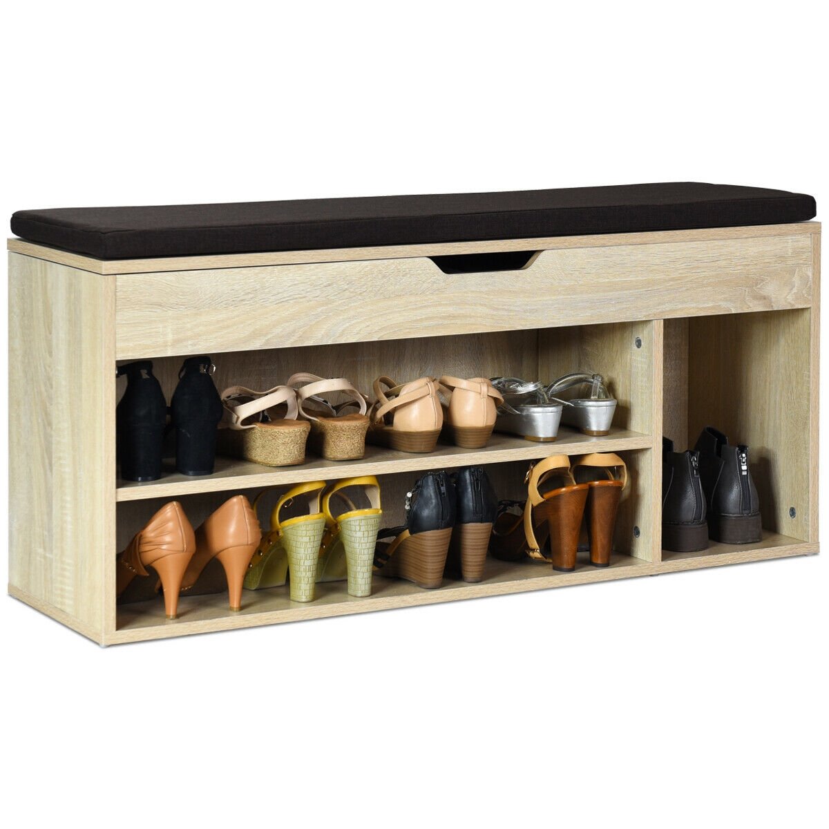 Wooden Rack Shoes Bench with Storage Upholstered Shoe Rack-Natural